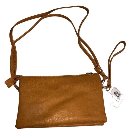 Crossbody Bag Adjustable Clutch Golden Tan Vegan Leather Wristlet Small Zip NEW - Picture 2 of 9